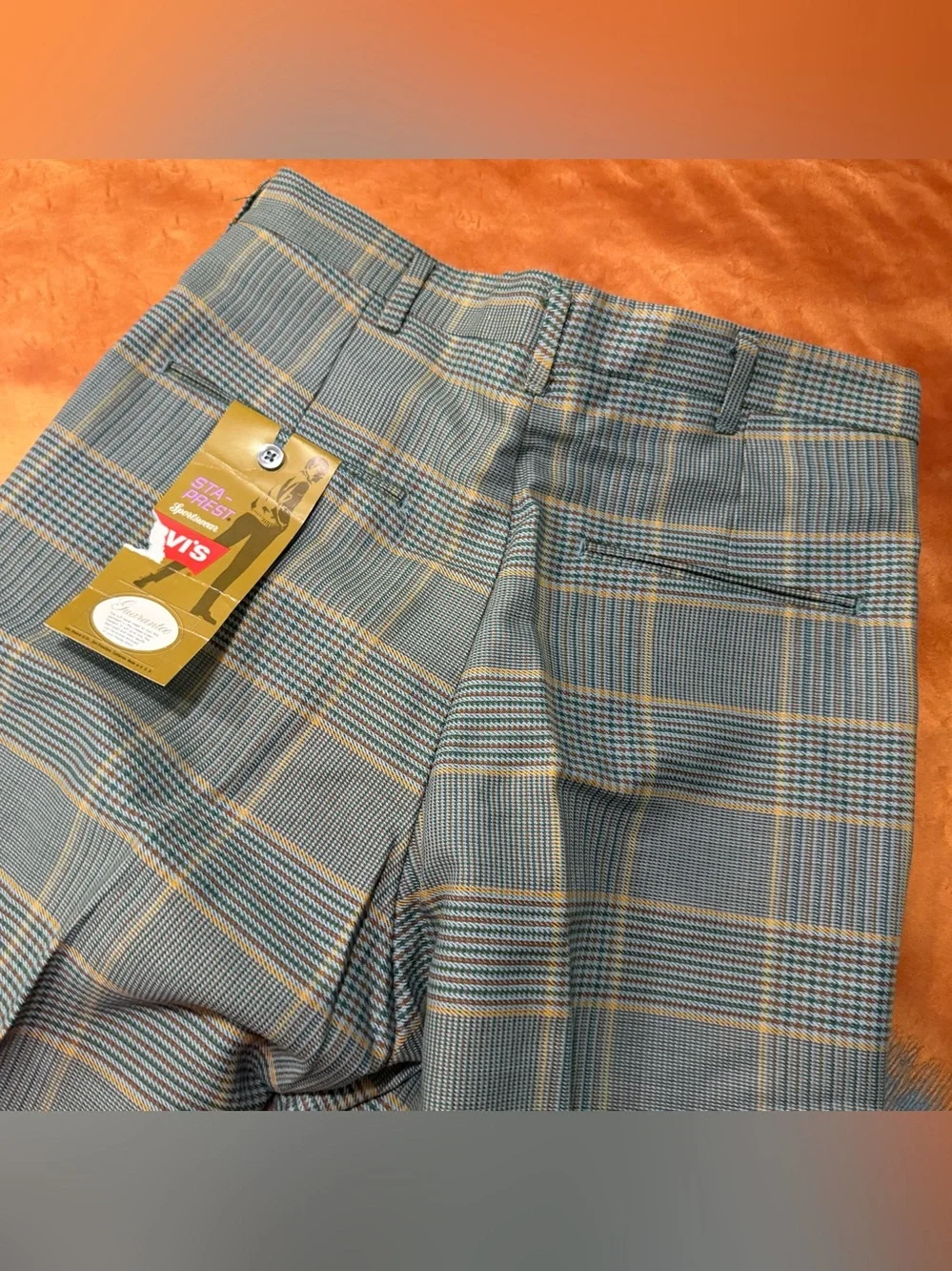 Vintage 1970s Levi’s STA-PREST Deadstock Plaid Pants 31x31 Blue Green Tan